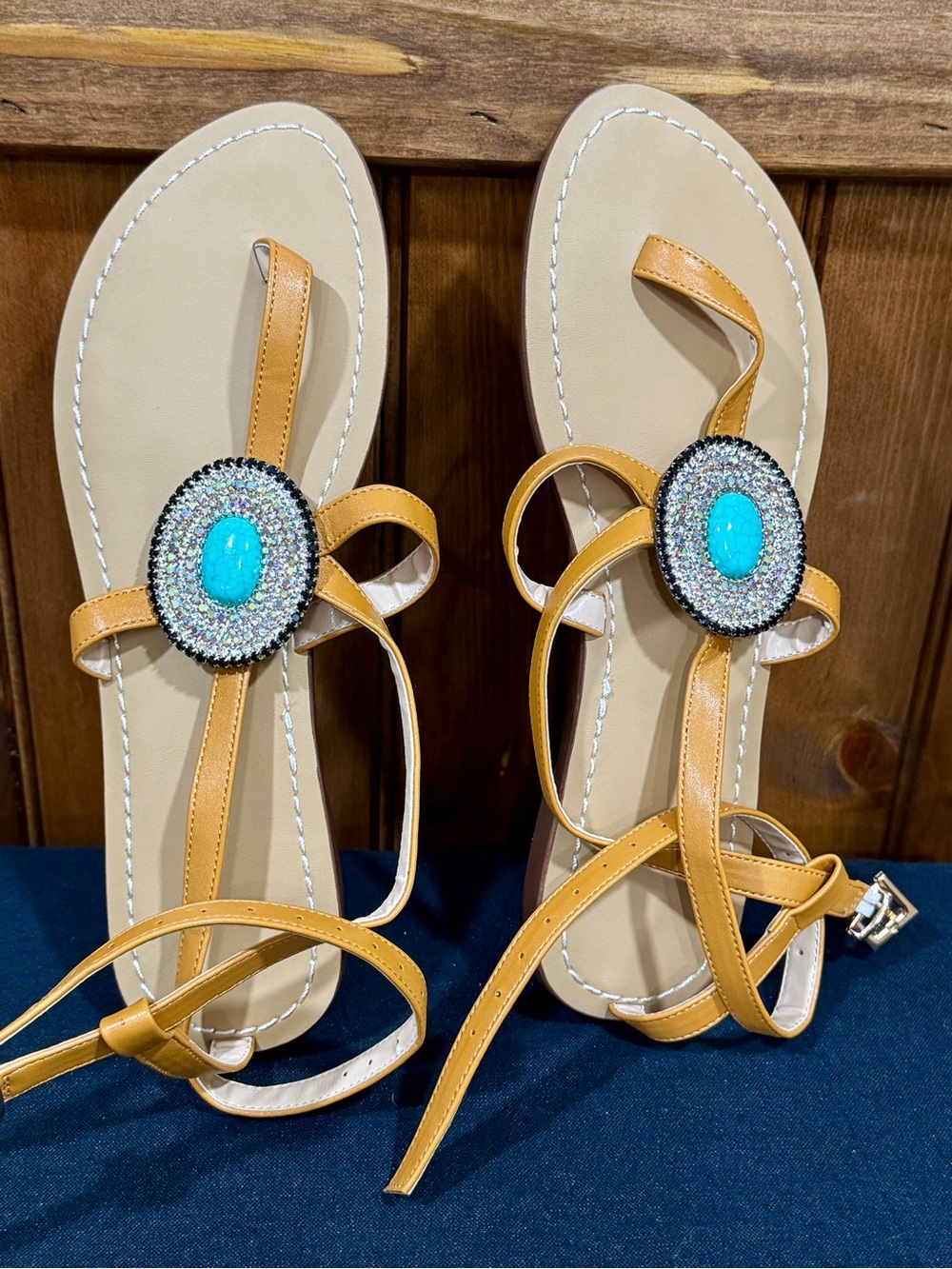 Women’s Tan Strappy Sandals with Turquoise Stone and Crystal accent